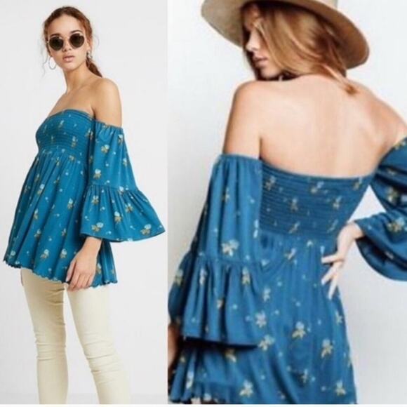 FREE PEOPLE Lana Blouse Size Small Mermaid Blue‎ - Picture 1 of 11